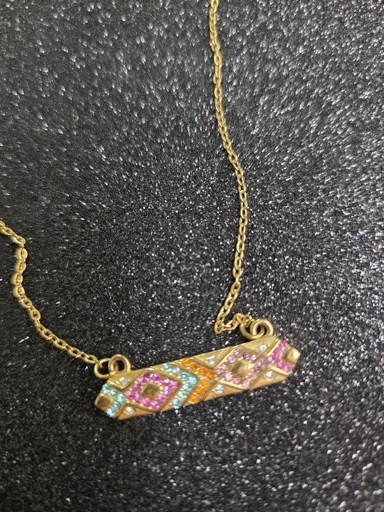 Plunder "Ella" Gold Bar Necklace with Pink and Blue Accents Non Tarnish - Picture 6 of 9